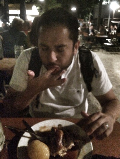 I know this is a terrible photo but it accurately depicts Mats joy at the hunk of meeting he is stuffing his face with.  It was pretty amazing.