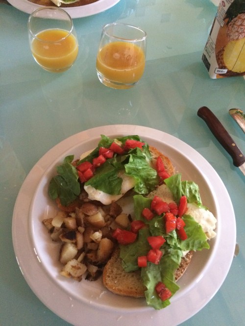 Have to take a moment to describe how incredibly lucky I am to have this guy as a travel partner.  Not only does he do all the driving, most of the navigating, the heavy lifting, and the cleaning, he cooks like a pro no matter where we are and what limited supplies we have.  And not just whip up the basics, this guy makes beautiful meals like this for every meal.  We never just had toast and eggs, we had something like this- sunny side up eggs on grilled toast with basil and tomatoes and roasted potatoes.  He never ceases to amaze me.
